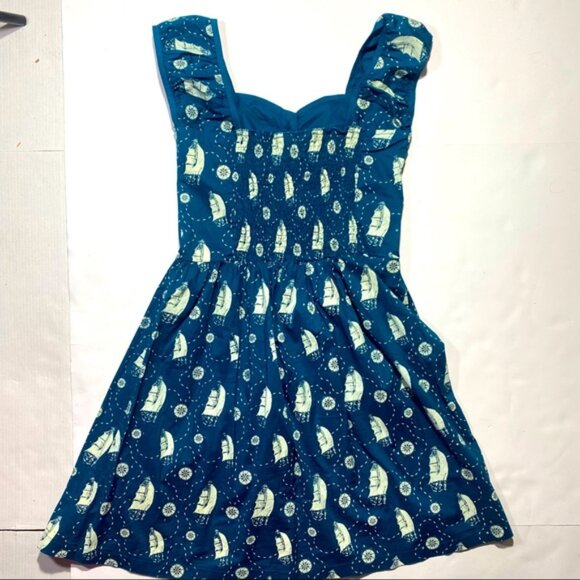 Sourpuss Cotton Rockabilly Vintage Inspired Pirates & Compasses Swing Dress S - Picture 2 of 6